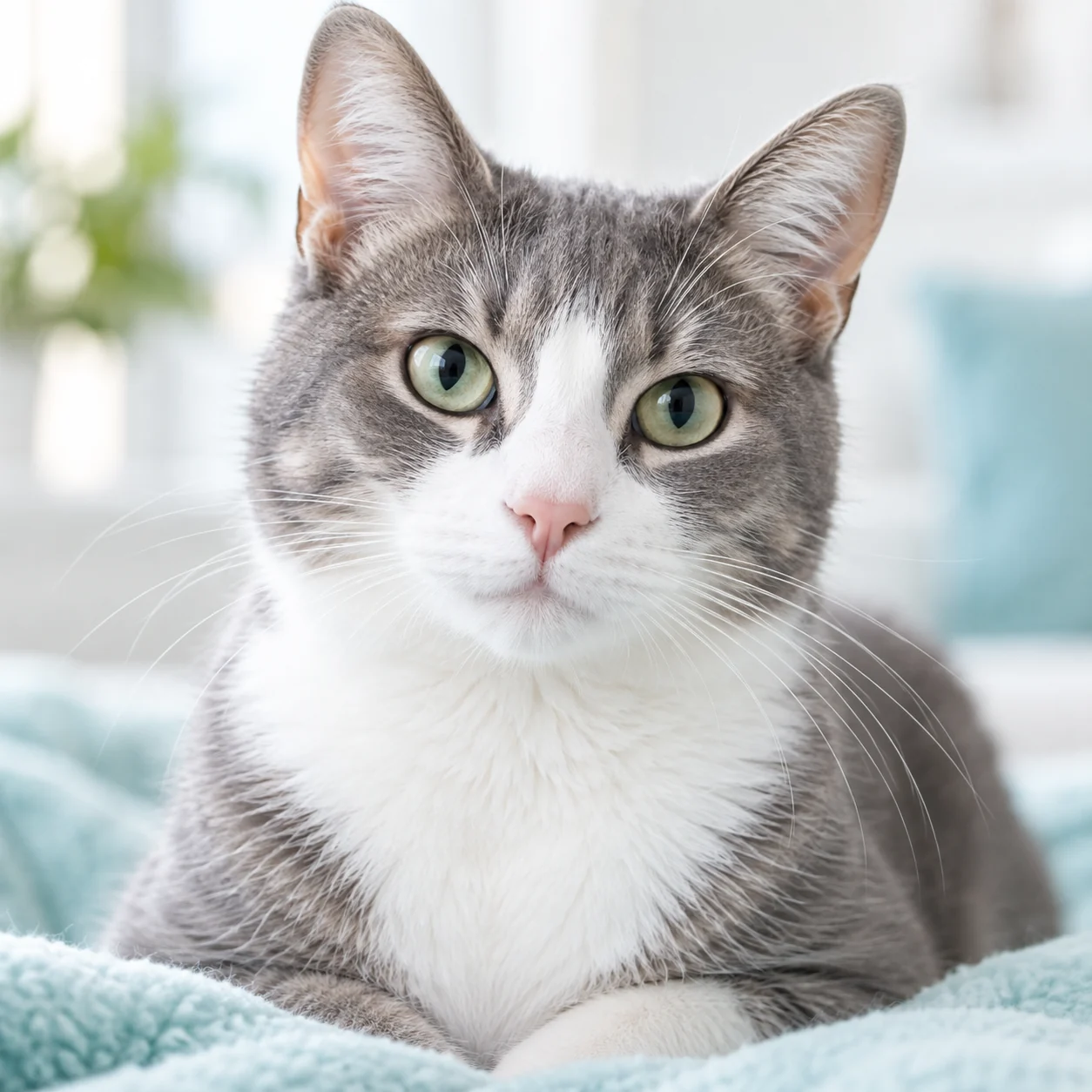A gray and white cat in soft natural light