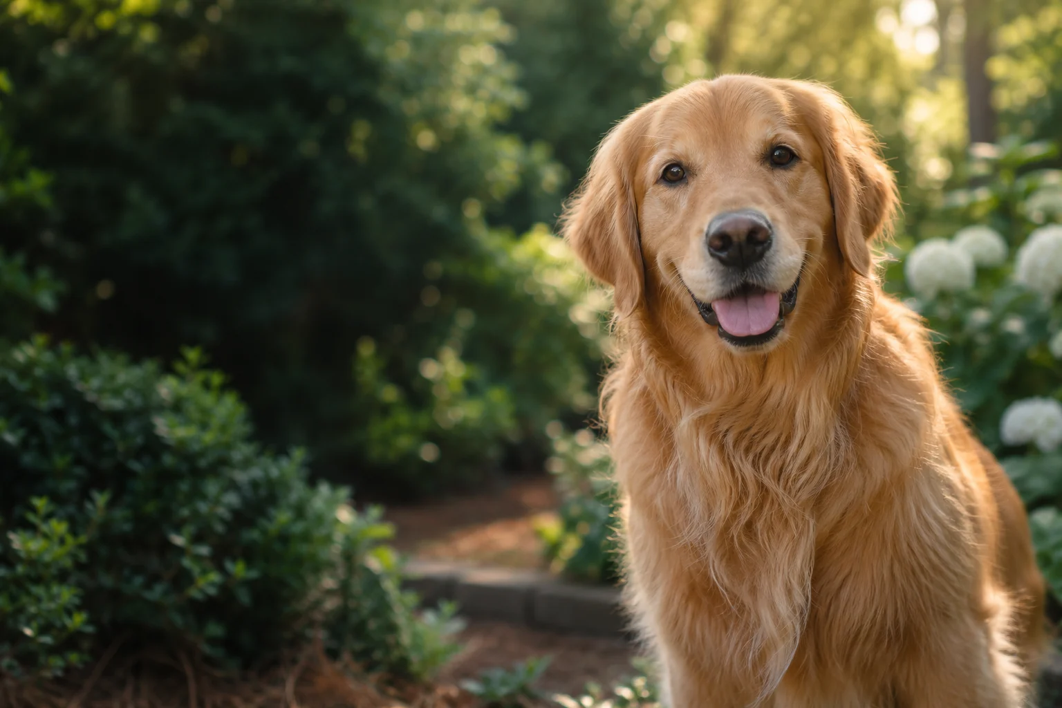 A golden retriever enjoying a quiet moment in a sunlit garden